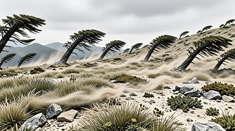 Strong wind bends sparse trees sideways on a sandy hillside with dry grass tufts and gray rocks under a cloudy sky