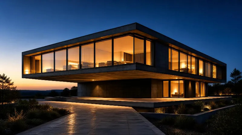 Modern Concrete House at Dusk