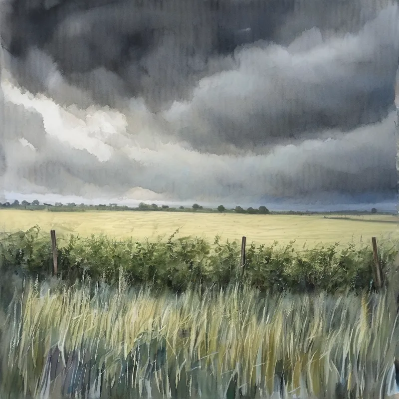 Windswept rural wheat field stretches under heavy dark grey storm clouds, with a rustic wooden fence and overgrown grass in the foreground.