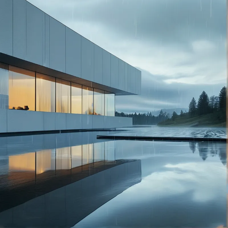 Warm lit windows of a sleek glass structure reflect onto a calm lake while rain falls over a distant misty forest line.
