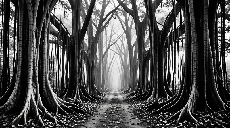 Massive tree trunks with hanging roots line a central path disappearing into a foggy distance in monochrome tones.