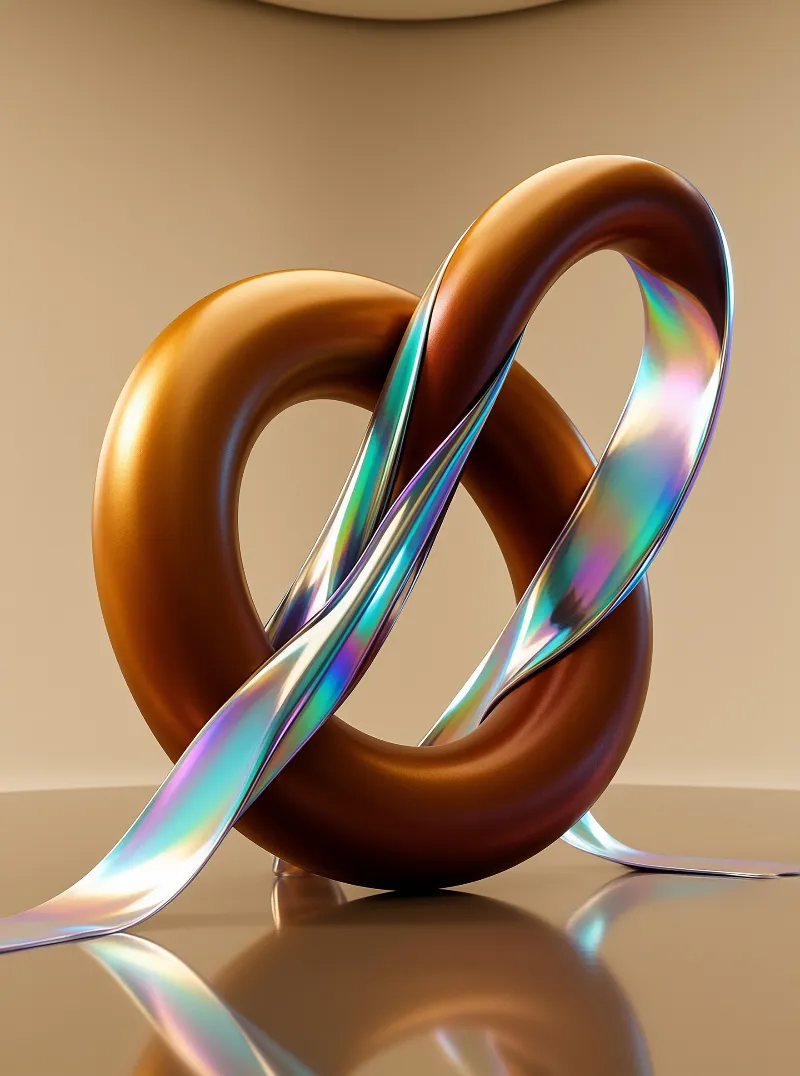 A polished bronze torus is intertwined with a shiny holographic ribbon resting on a glossy surface under soft light