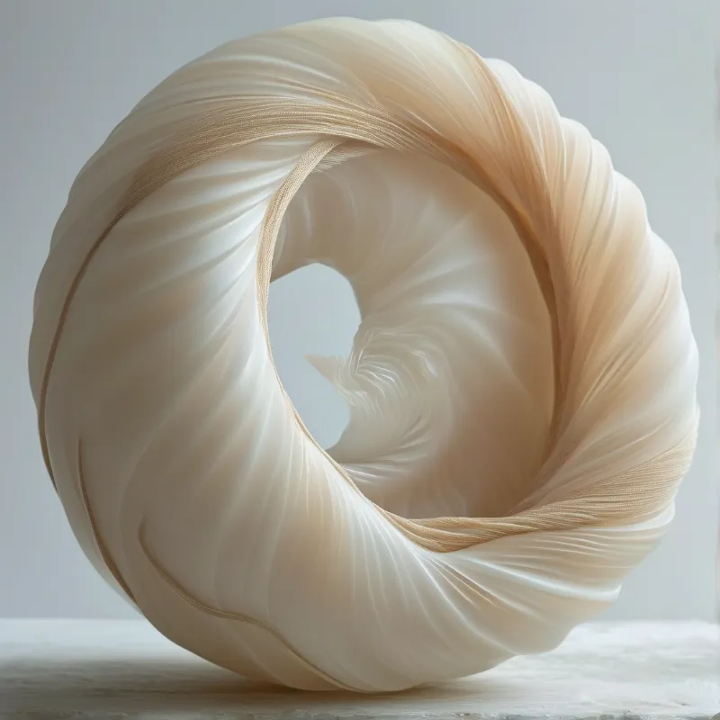A complex 3d object resembling a twisted cream ribbon sits on a surface under soft diffused lighting.