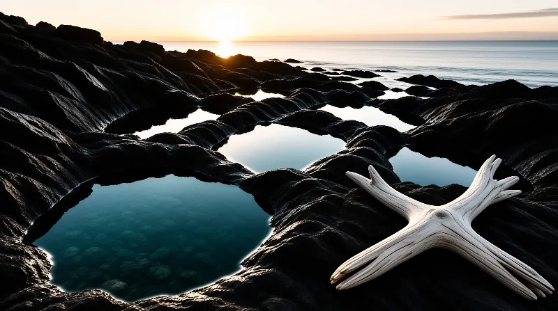 Pale driftwood lies on black volcanic formations while calm tide pools mirror the bright orange horizon.