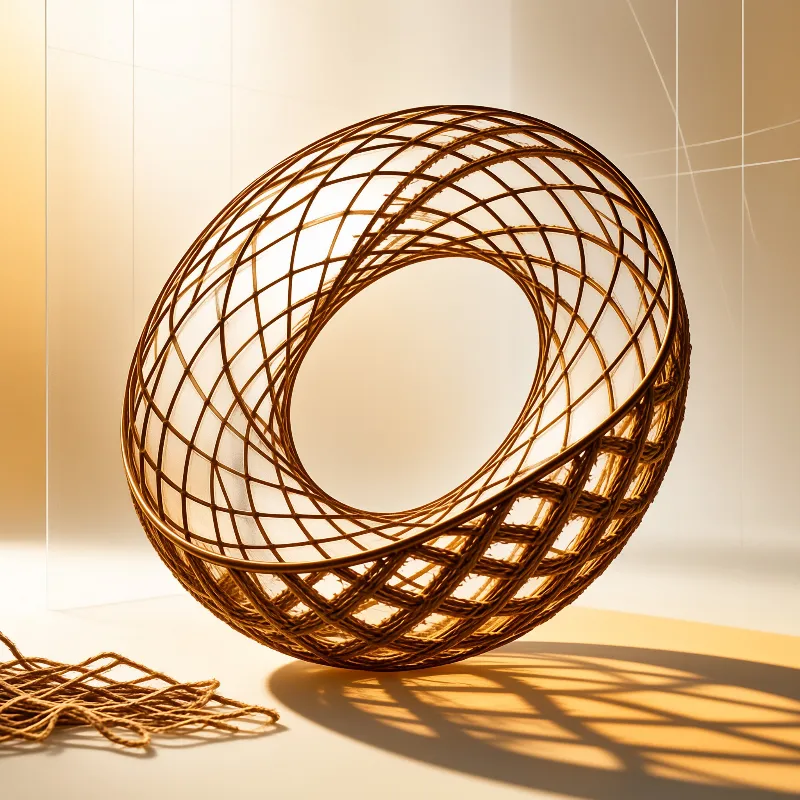 Hollow brown woven sphere rests on a pale surface, warm light casts its lattice shadow, loose strands lie at its side.
