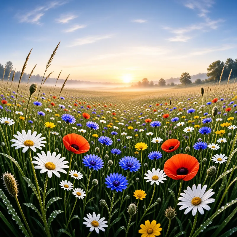 Colorful wildflowers including red poppies and blue cornflowers fill a misty field under a rising sun.