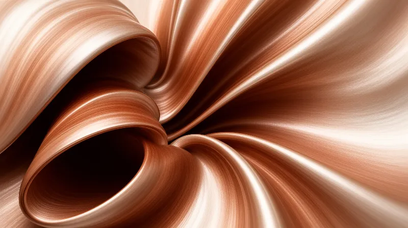 Flowing shapes of polished bronze metal curve dynamically with bright highlights emphasizing a silky surface texture.