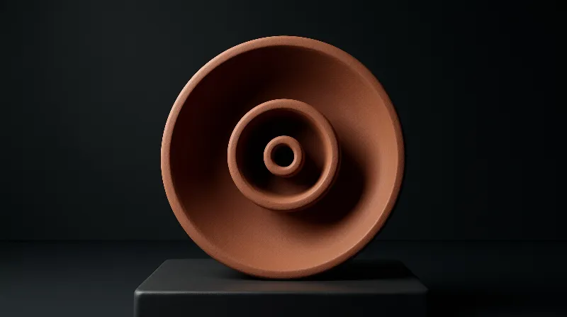 A reddish-brown clay object featuring nested circular rings rests on a dark rectangular block in low light.