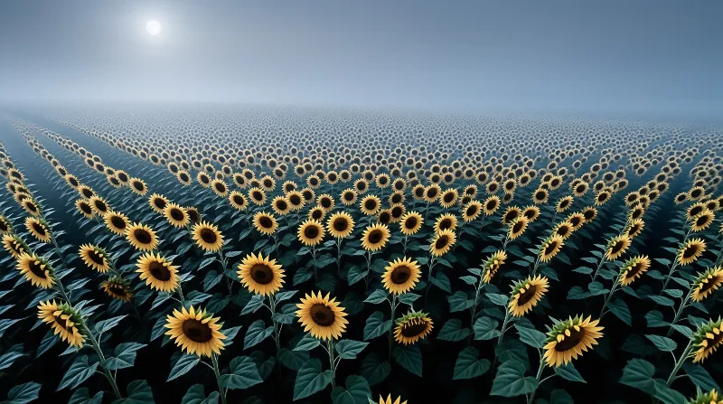 A massive expanse of sunflowers stretches towards the horizon under a dim sky with a faint sun visible through the fog