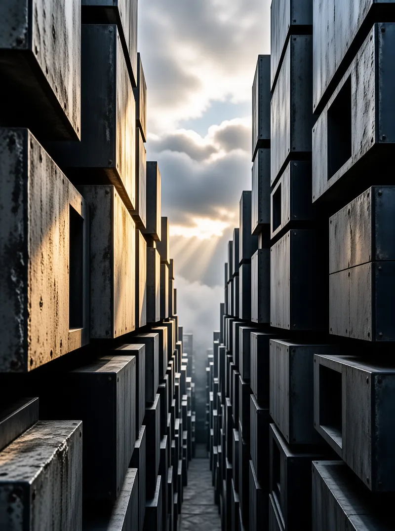 Massive stacks of industrial metal beams form a deep corridor illuminated by golden sunlight piercing through distant clouds.