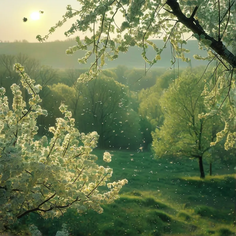 A serene forest scene with a river flowing through lush green trees under a soft, misty sunlight.