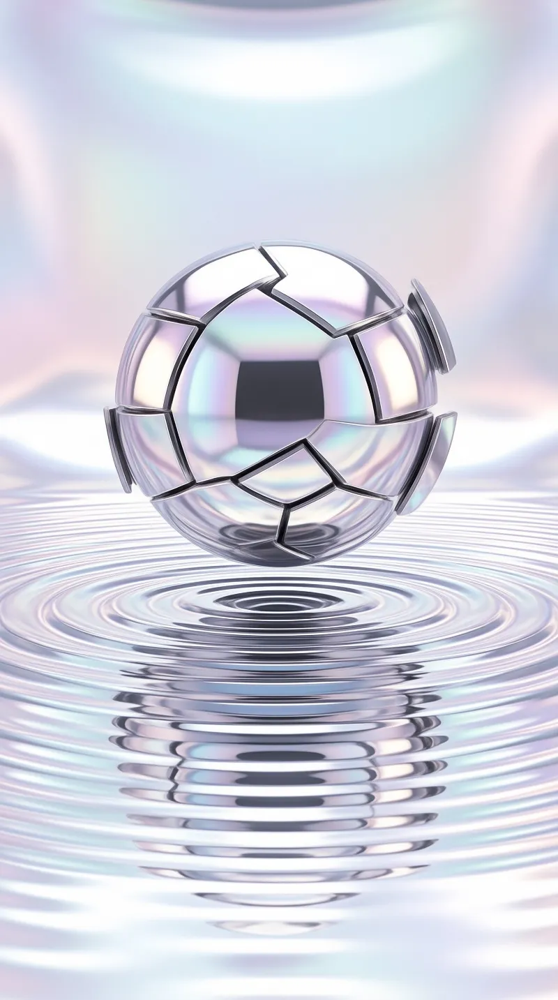 A polished metallic ball made of faceted panels floats above concentric ripples in a soft iridescent scene.