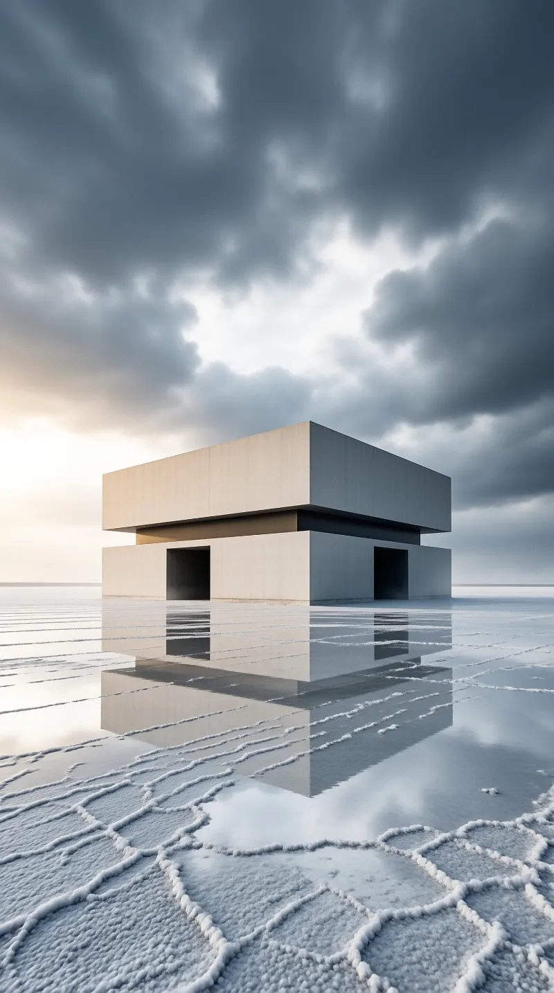 A modern concrete building sits on a cracked salt flat reflecting in shallow water beneath a dramatic cloudy sky.