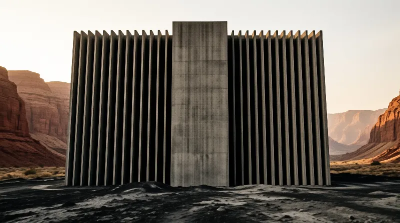 A massive grey building with vertical slats stands against red rock formations during sunset.