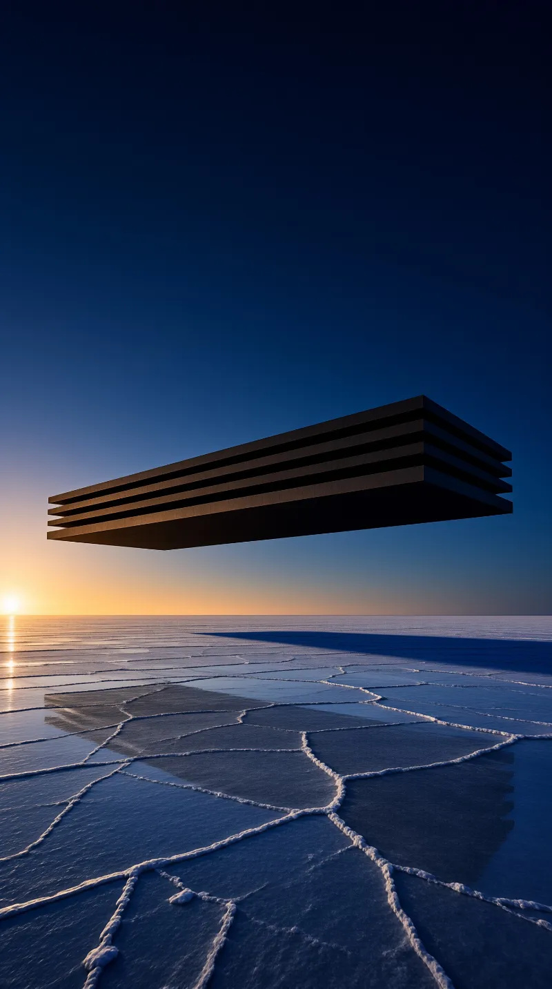 A dark layered rectangular monolith hovers above a cracked salt flat as the sun rises on a clear blue horizon.