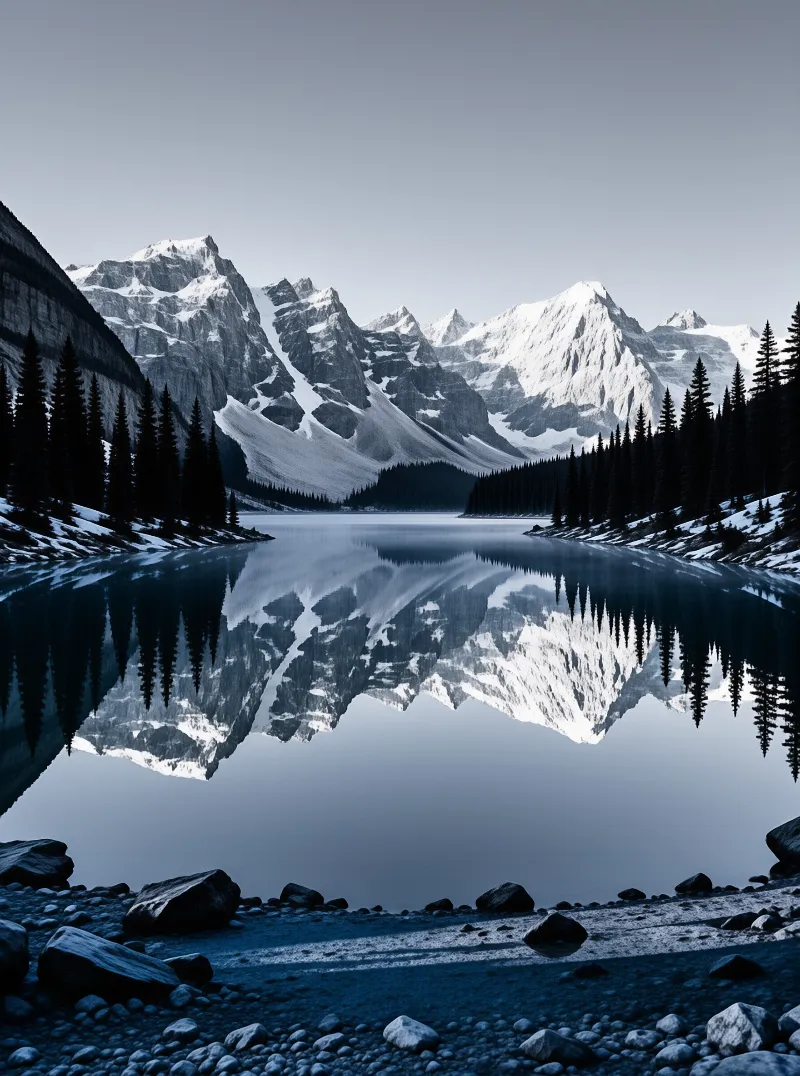 Snowcapped mountains rise above a dark evergreen forest and are mirrored perfectly in the calm blue water of a lake.