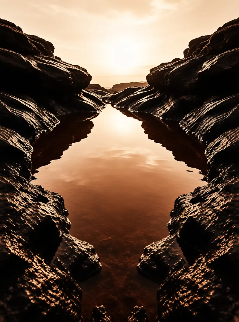Calm water flows between dark rugged rocks reflecting the bright warm sky at the horizon.