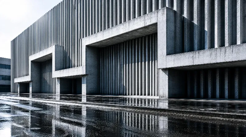 A large concrete building with vertical slats stands over a wet, reflective ground under bright light.