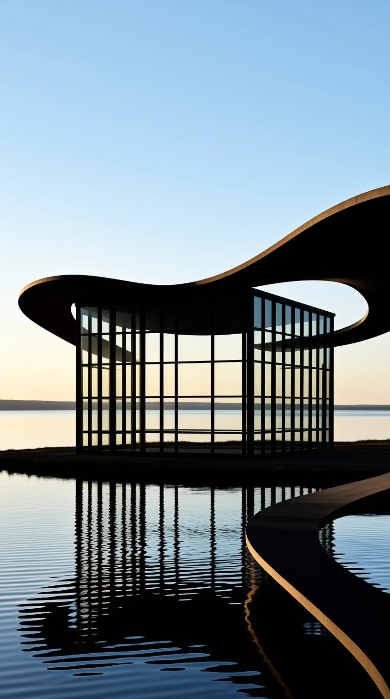 A low curving pavilion with a grid glass facade sits at the edge of a calm lake under a clear sky
