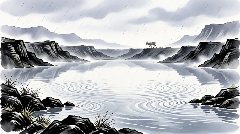 A solitary horned deer stands on a misty cliff above a wide calm lake, while steady rain falls over distant hazy mountains.