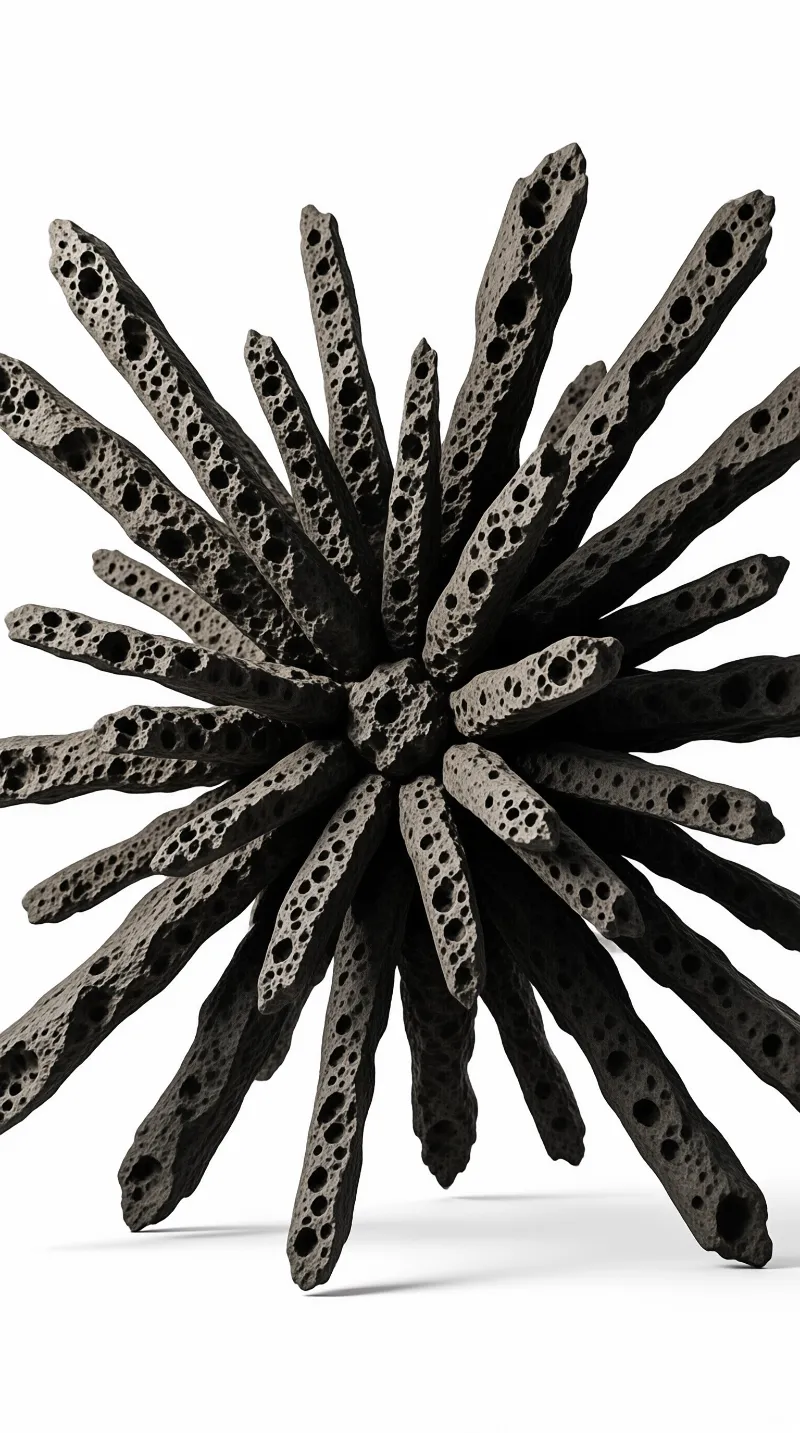 A radiating cluster of dark porous lava rock spines displayed against a blank white studio backdrop under even soft light.