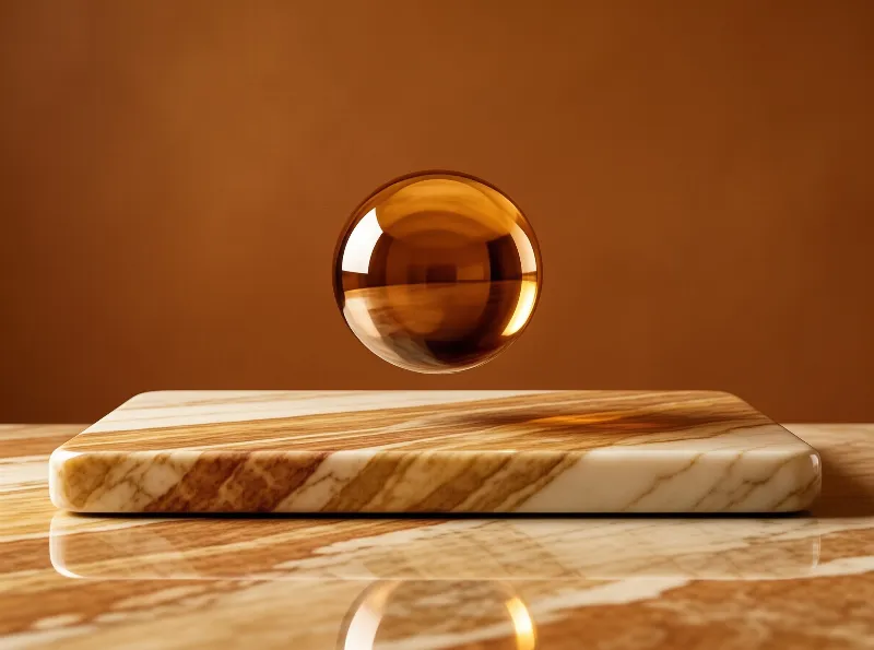 A floating amber sphere hovers above a veined marble slab, casting a reflection on the surface against a brown background.