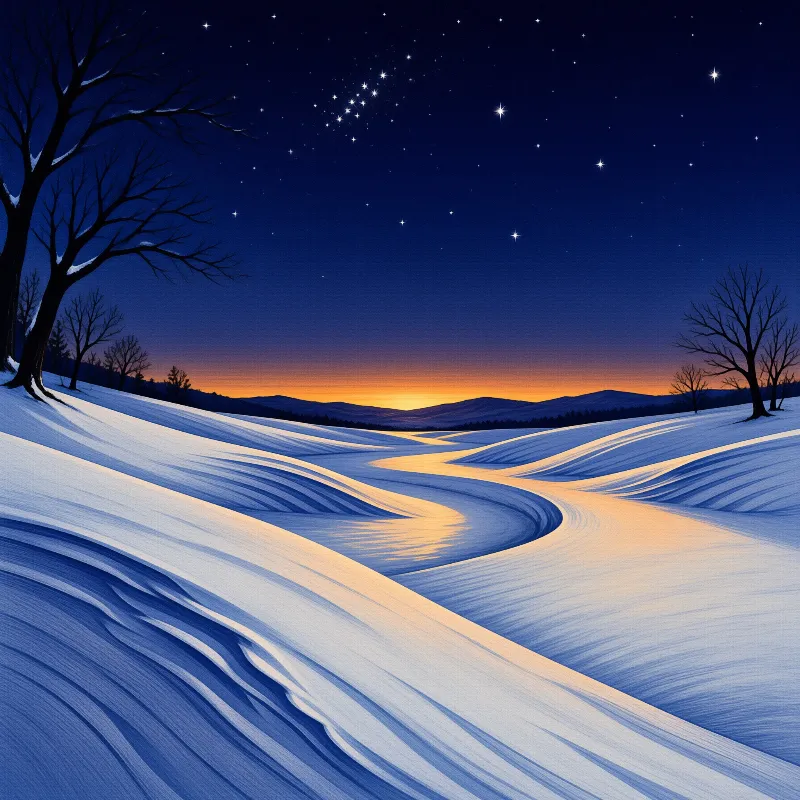 Winter hills reflect the orange horizon glow beneath a deep blue sky filled with bright stars and bare trees.