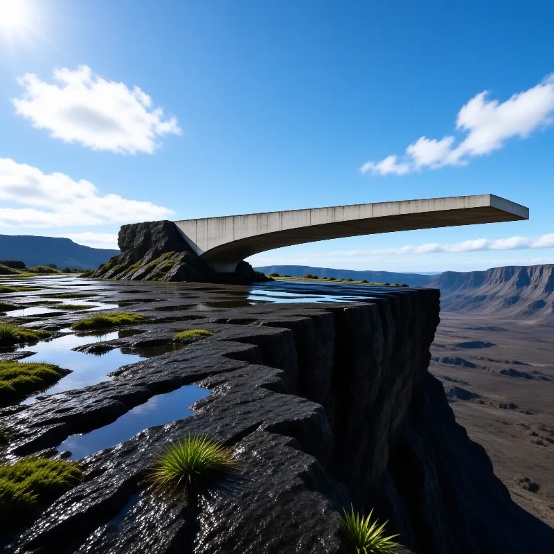 A stark concrete bridge extends from dark volcanic rocks across a deep valley under a clear blue sky with bright sunlight.