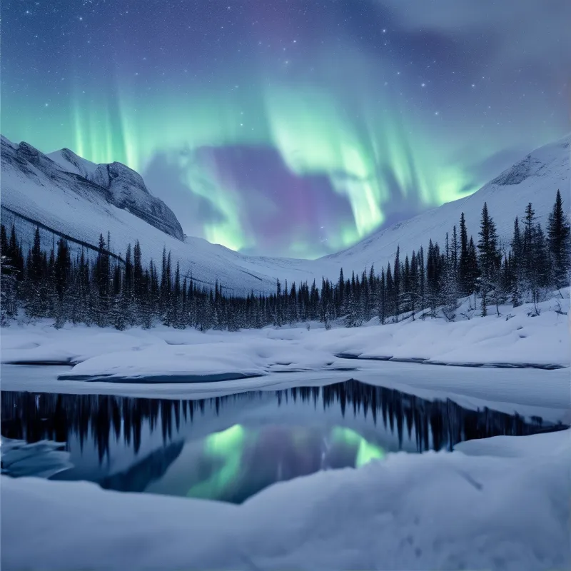 Green aurora lights illuminate snow-covered mountains and pine trees while casting reflections on a calm winter lake.