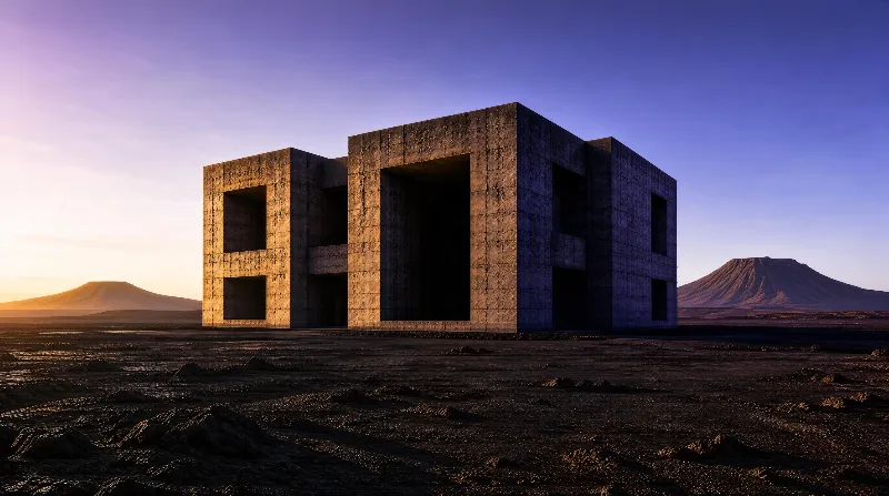 A large concrete block structure with rectangular openings sits in a barren desert landscape, with mountains in the background under a gradient sky during golden hour.