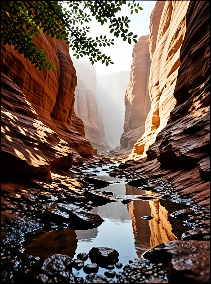 Sunlight illuminates reddish rock walls surrounding a shallow stream flowing through a narrow slot canyon.