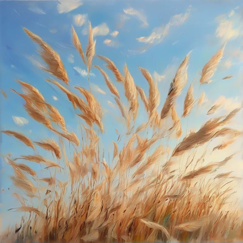 Tall feathery reeds sway against a bright blue sky in a textured impressionist oil painting