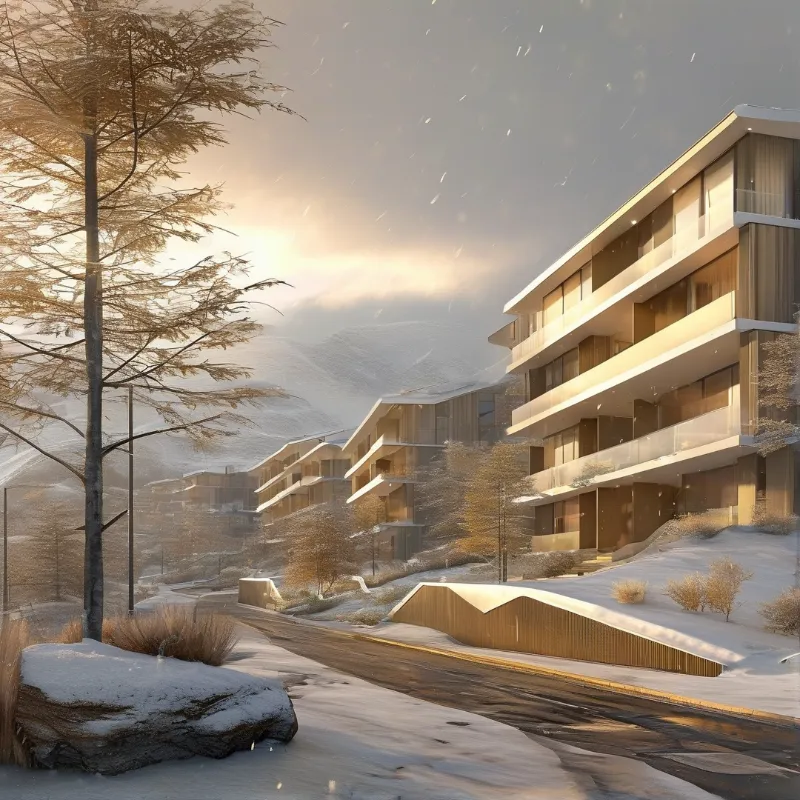 A row of multi story residential buildings sits on a snow covered mountainside bathed in warm golden sunlight.