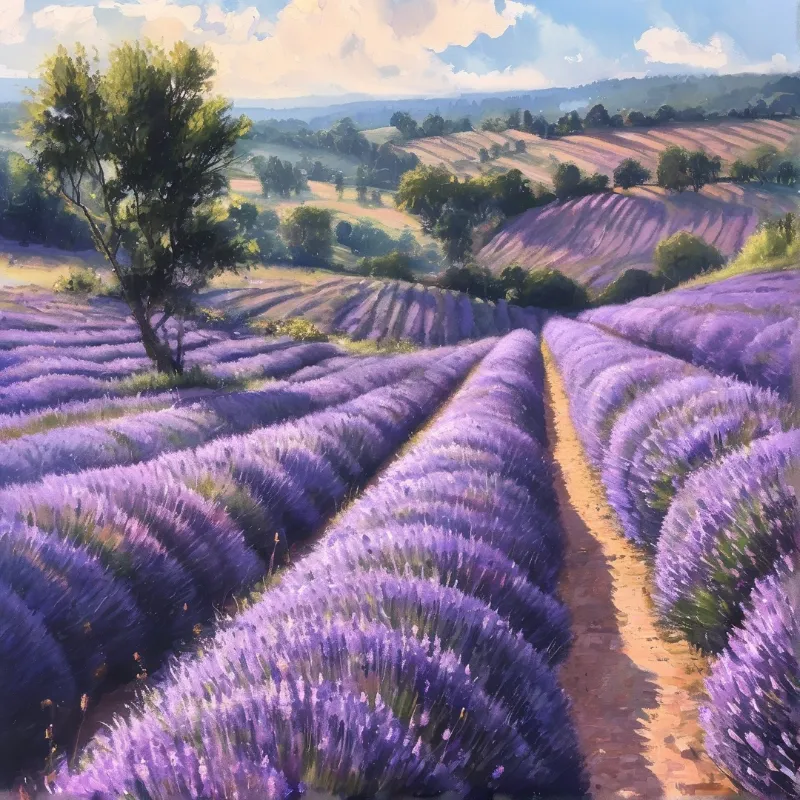 Rows of purple lavender bushes line a dirt path leading through rolling green hills under a bright blue sky.