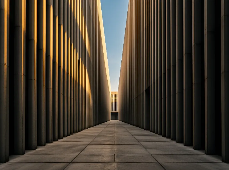 Parallel walls frame a passage where warm sunlight casts long diagonal shadows across the textured surfaces and paved ground.