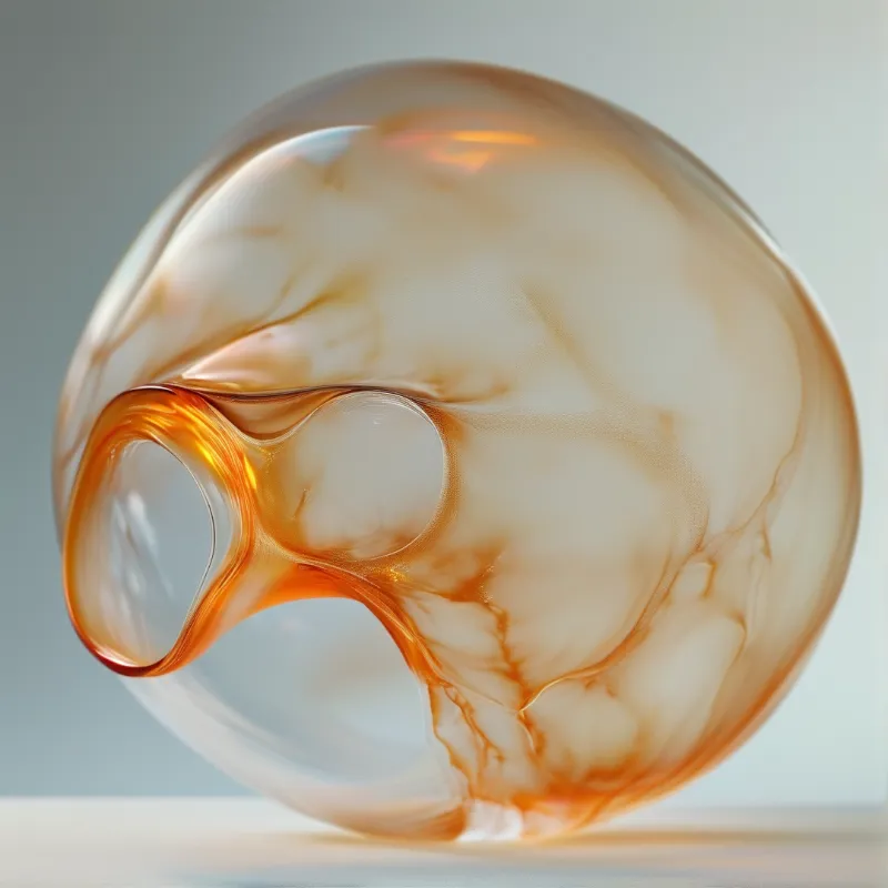 Translucent glass vessel with creamy white and orange marbling and a curved opening against a plain gray background.