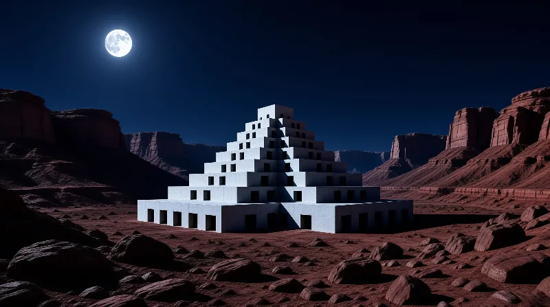 A white stepped building with dark windows sits alone in a rocky red landscape under a bright full moon.