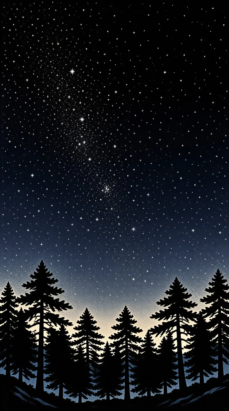 A dark pine forest silhouette stands below a vast deep blue night sky filled with countless white stars.
