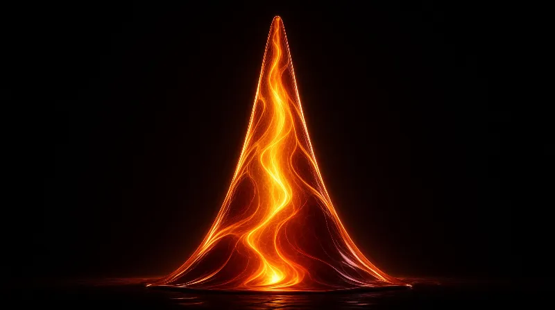 A bright orange energy formation rises like a sharp triangle against a pitch black empty environment.