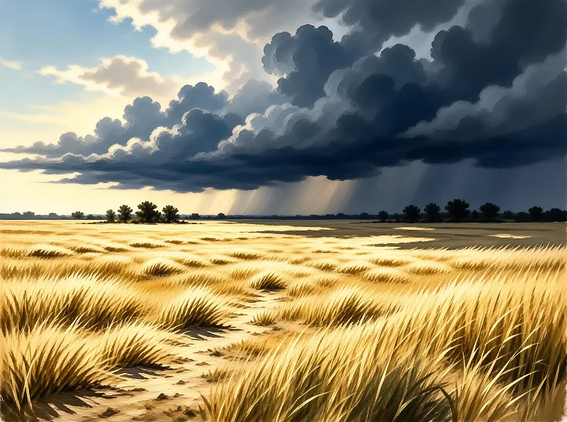 Sunlit wheat stalks sway across a wide plain while heavy dark clouds release rain in the far distance.