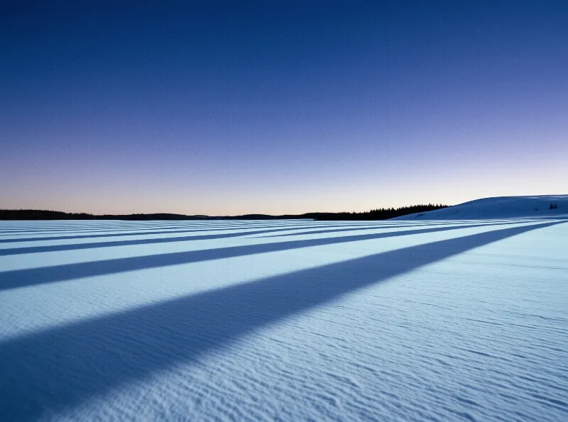 Rippled white snow catches long blue evening shadows cast by a distant spruce forest under a fading sky
