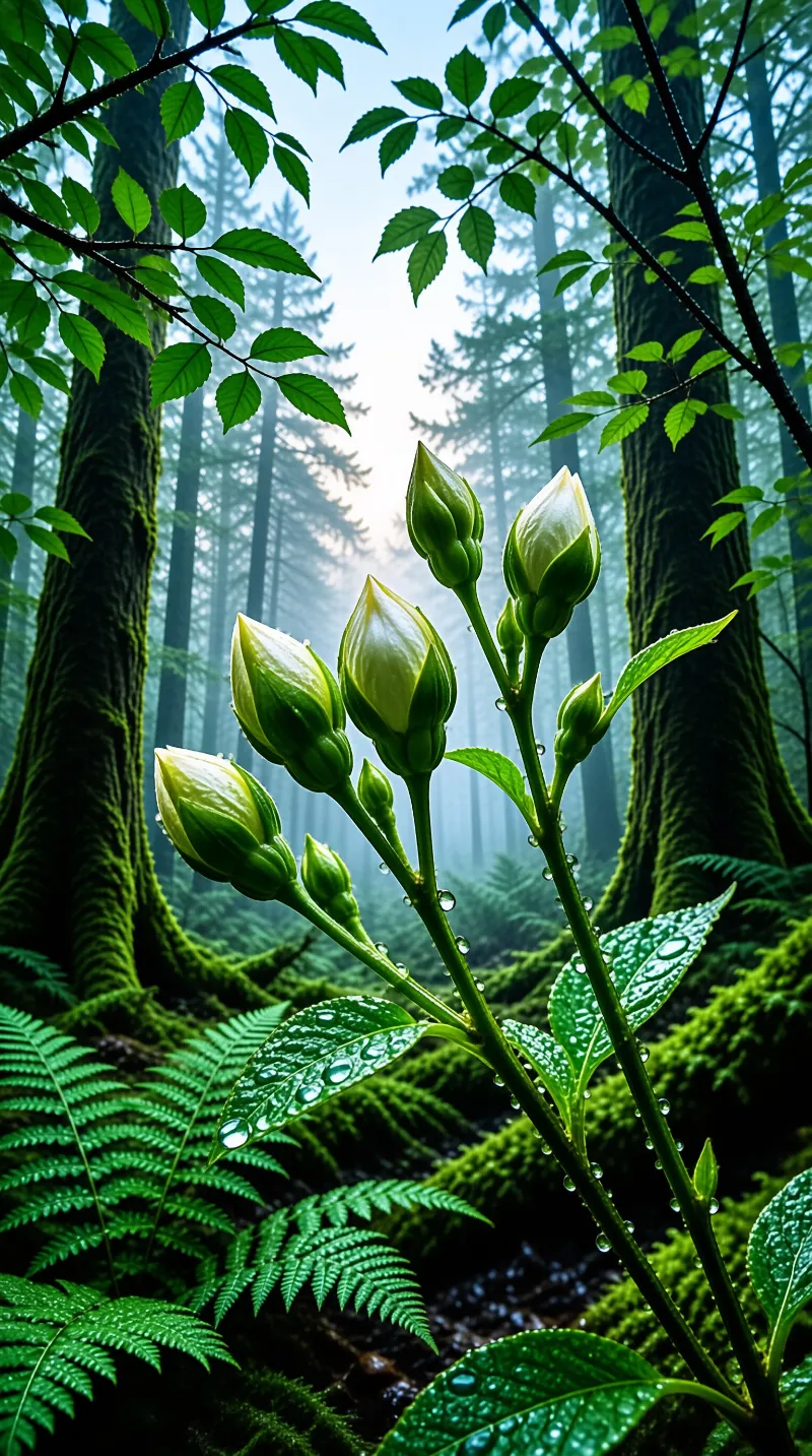 Pale green unopened flower buds glistening with raindrops rise from a stem amid mossy tall coniferous trees shrouded in cool soft mist.