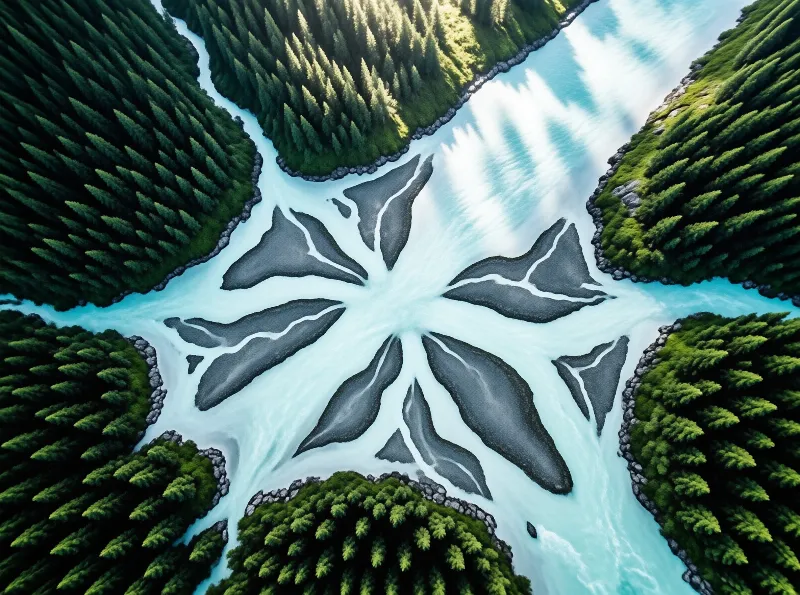 An aerial view shows milky glacial water splitting into pale channels around dark fan shaped islands of stone.