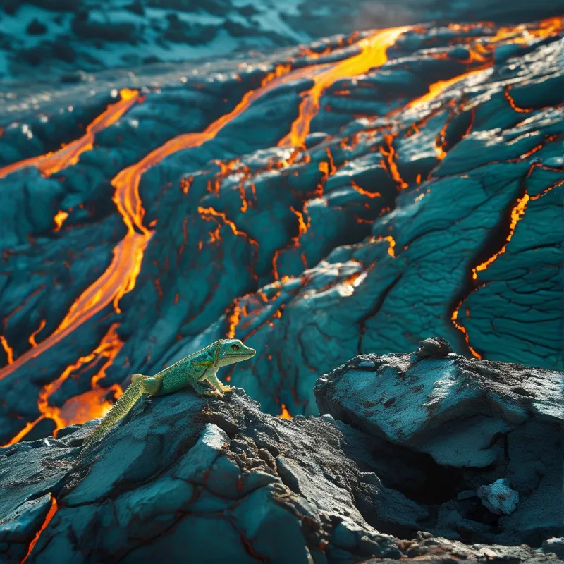 A small green lizard stands alert on a rough dark blue rock formation while bright orange lava streams flow across the rugged terrain behind it creating a stark contrast between the cool stone and the hot magma
