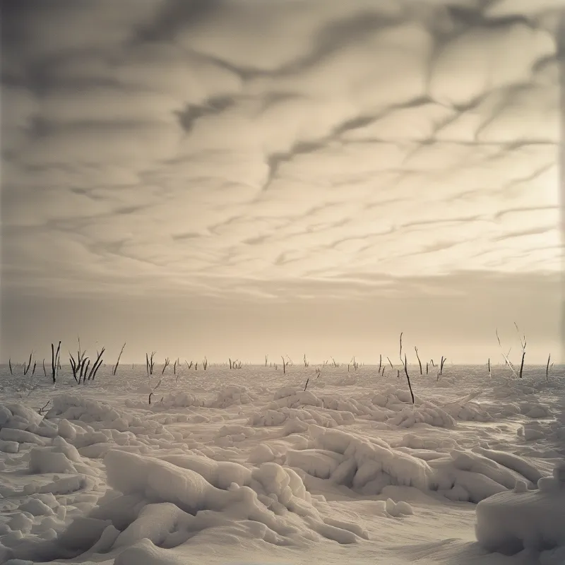 Uneven snowdrifts cover a flat field where thin dark stalks rise beneath a sky filled with textured layered clouds.