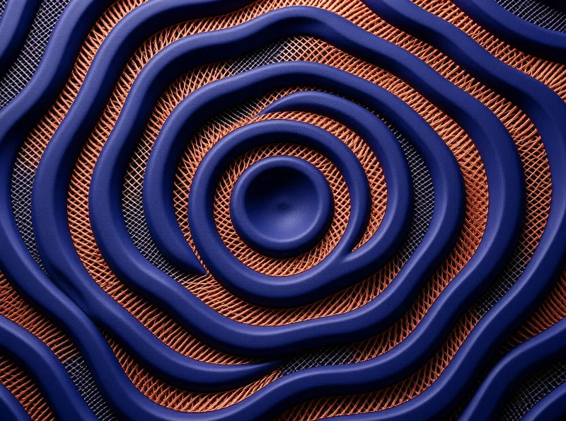 Deep blue curved tubing winds inward across a textured copper grid surface with soft lighting.