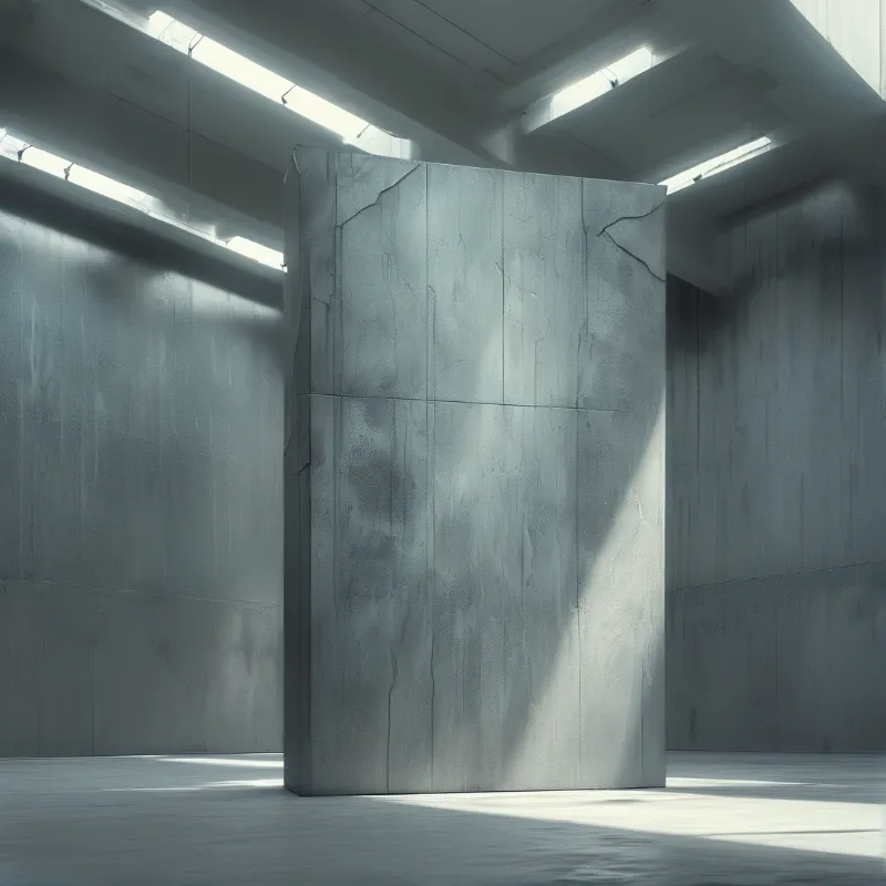 A tall cracked grey concrete pillar stands in a bare industrial space, slanted skylight sun falls across its rough surface, the smooth floor, and matching surrounding concrete walls.