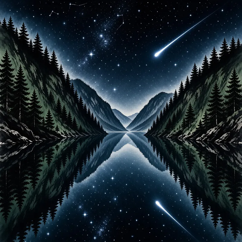 A starry night sky and a shooting star mirrored perfectly in a calm forest lake between pine-covered hills.
