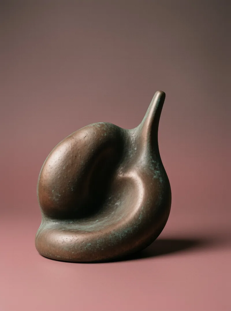 A cast bronze seat curves in organic forms streaked with verdigris on a mauve backdrop.