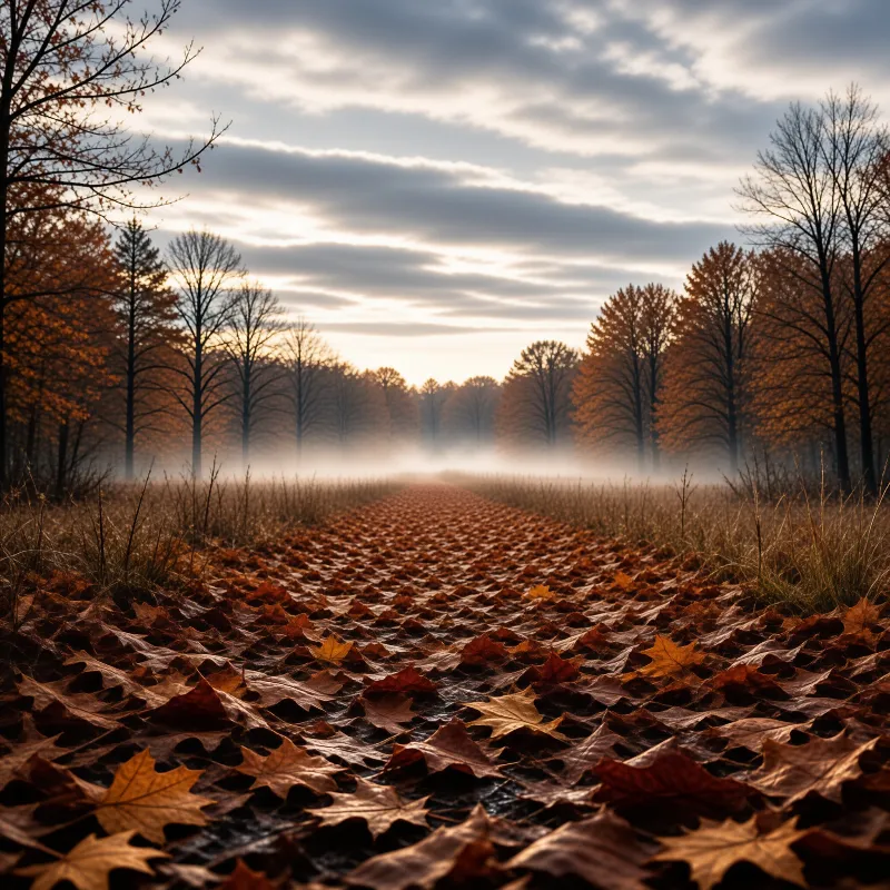 A trail covered in fallen leaves winds through a misty forest where sunlight filters through the clouds above bare trees.